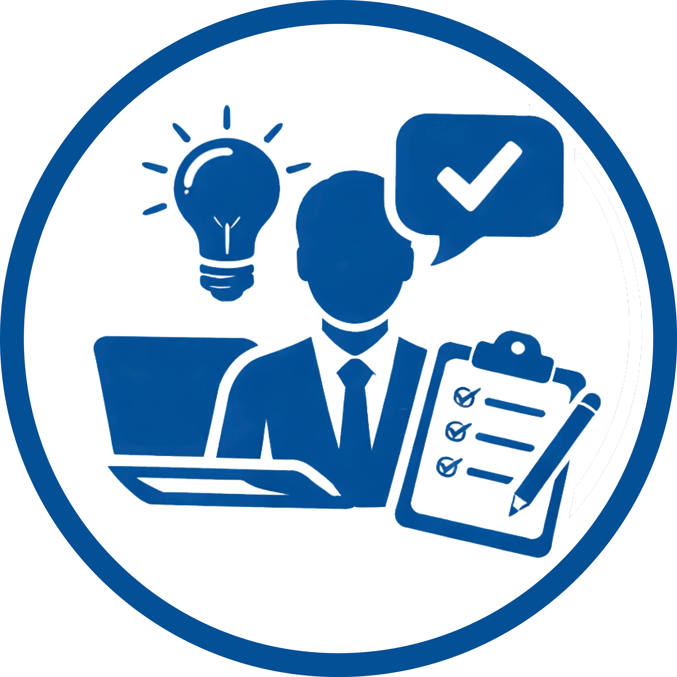 Icône vectorielle bleue (#005eb8) en cercle représentant le conseil et l’accompagnement professionnel avec consultant, ordinateur portable, ampoule d’idée et checklist de validation.