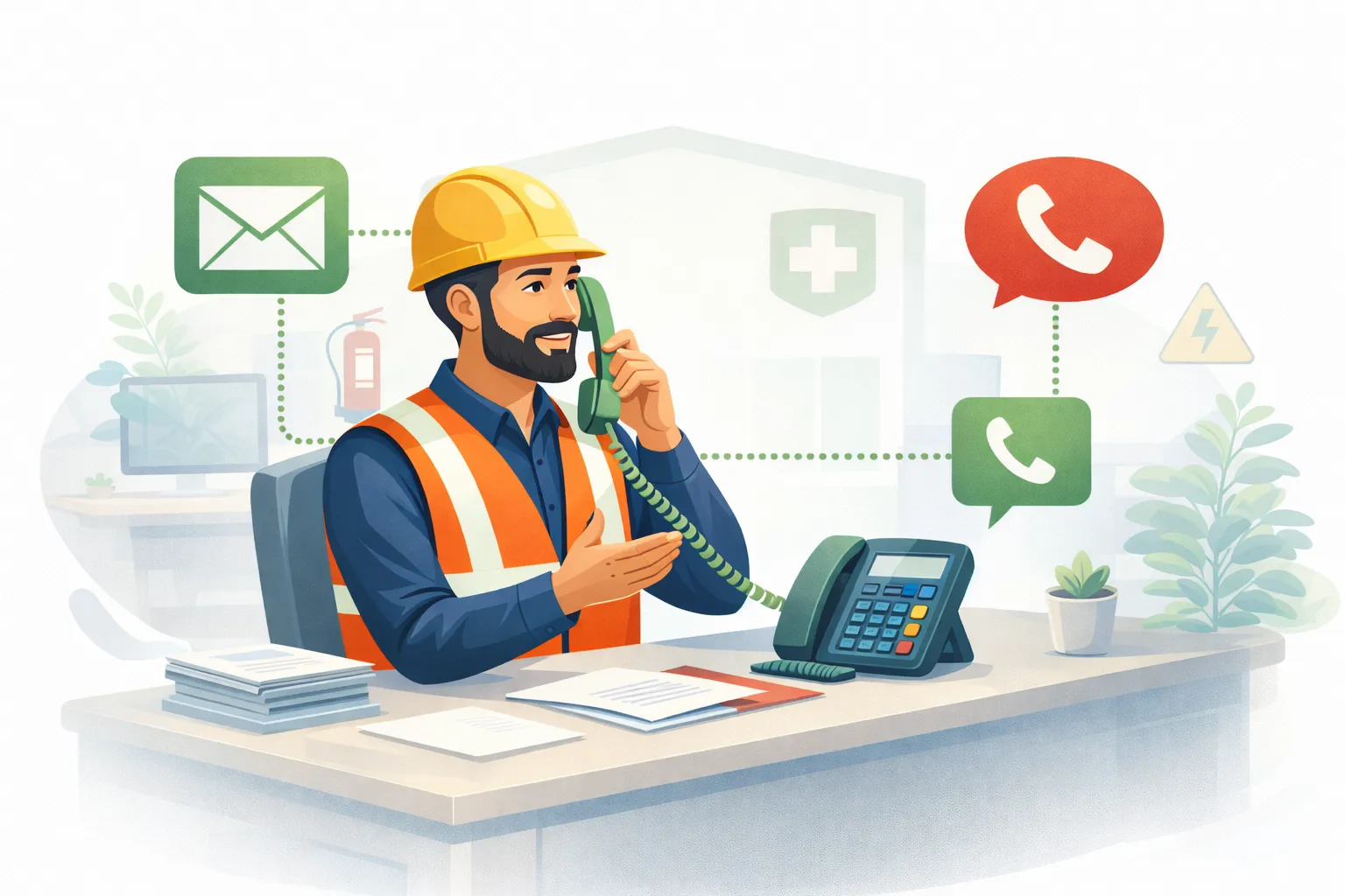 Illustration d’un expert FSPIS en formation sécurité répondant aux demandes par téléphone et par email dans un environnement professionnel lié aux risques incendie et premiers secours.