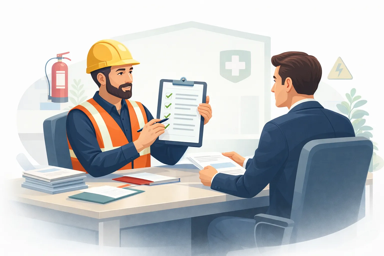 Illustration d’un formateur FSPIS présentant un dossier de demande de devis en formation sécurité à un responsable d’entreprise, environnement professionnel avec symboles premiers secours et incendie.