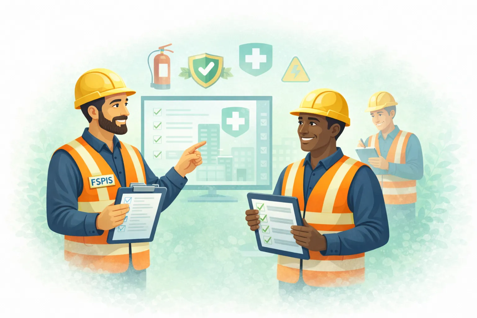 Illustration en flat design représentant trois professionnels de la sécurité au travail analysant une checklist conformité avec pictogrammes incendie, secours et risque électrique sur fond vert d’eau brumeux.