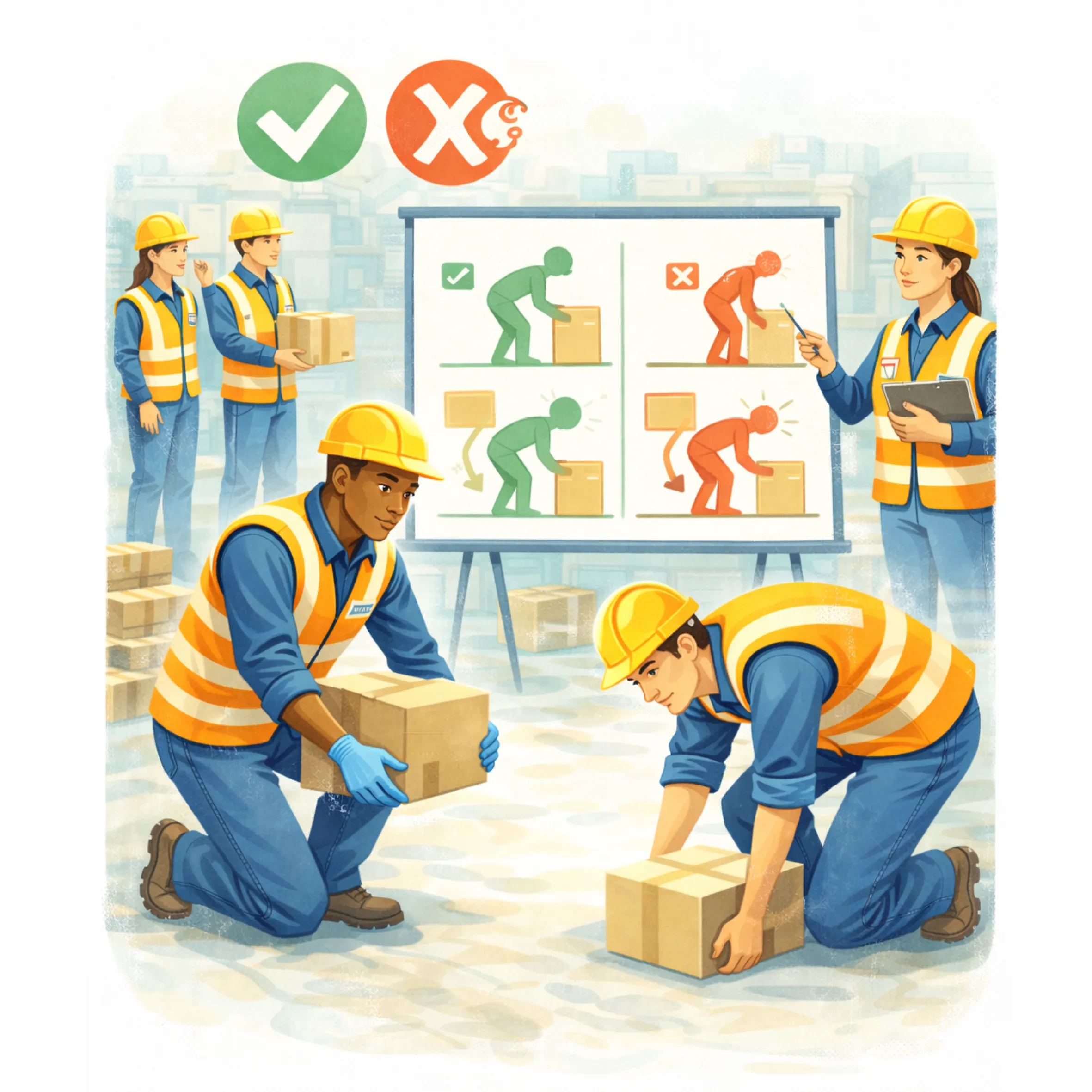 Illustration en flat design texturé représentant une formation gestes et postures au travail avec démonstration des bonnes techniques de levage et prévention des troubles musculo-squelettiques en entreprise.