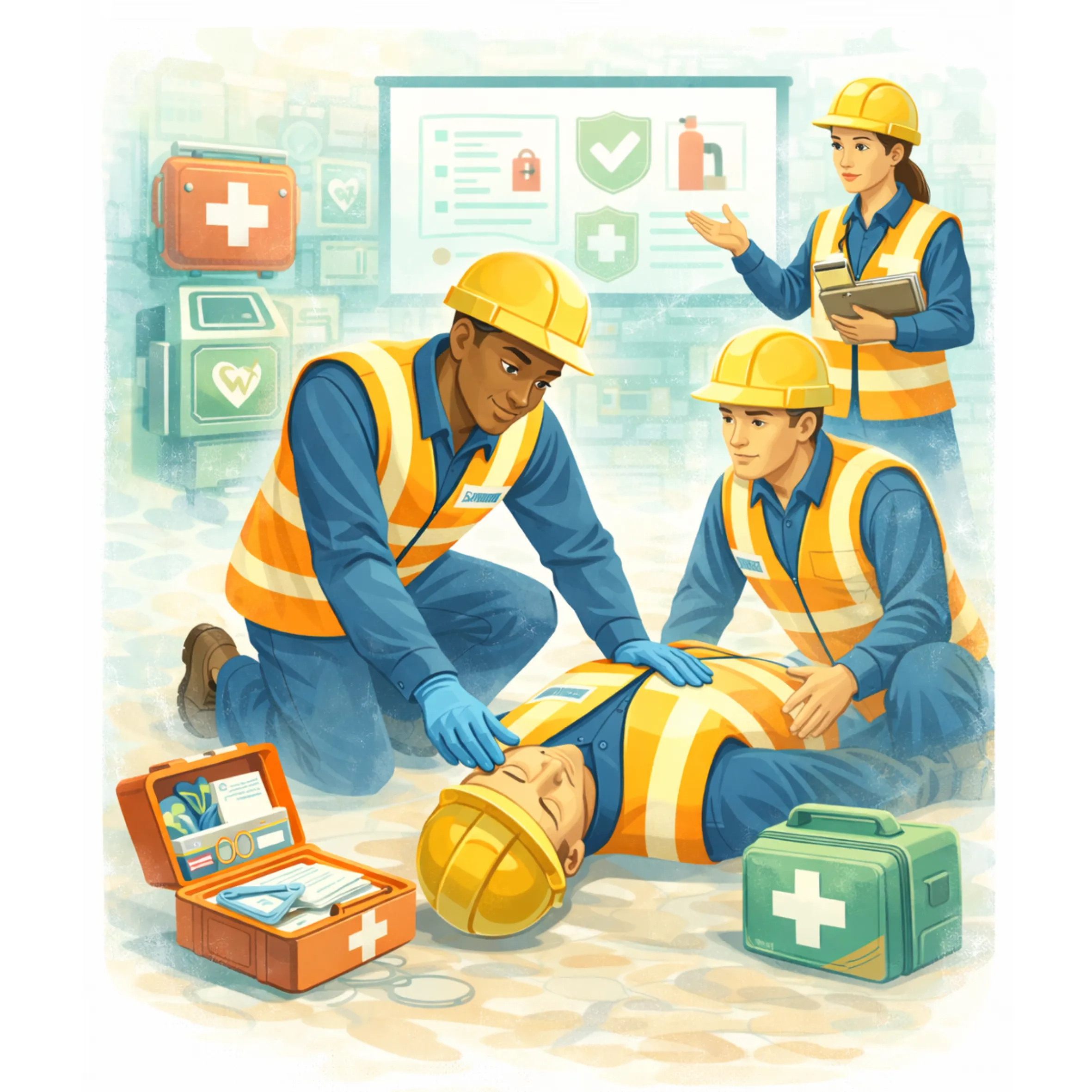 Illustration en flat design représentant une session MAC SST avec mise à jour des compétences en premiers secours, équipe en EPI réalisant une prise en charge d’urgence en milieu professionnel.
