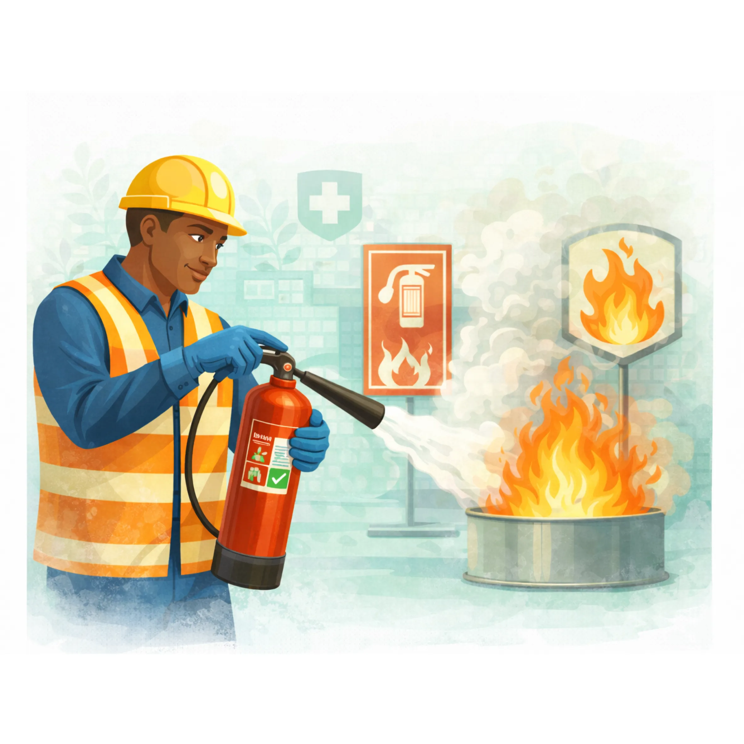 Illustration en flat design représentant un sauveteur secouriste du travail réalisant les premiers secours sur un collègue en milieu professionnel avec trousse de secours et équipements de sécurité.