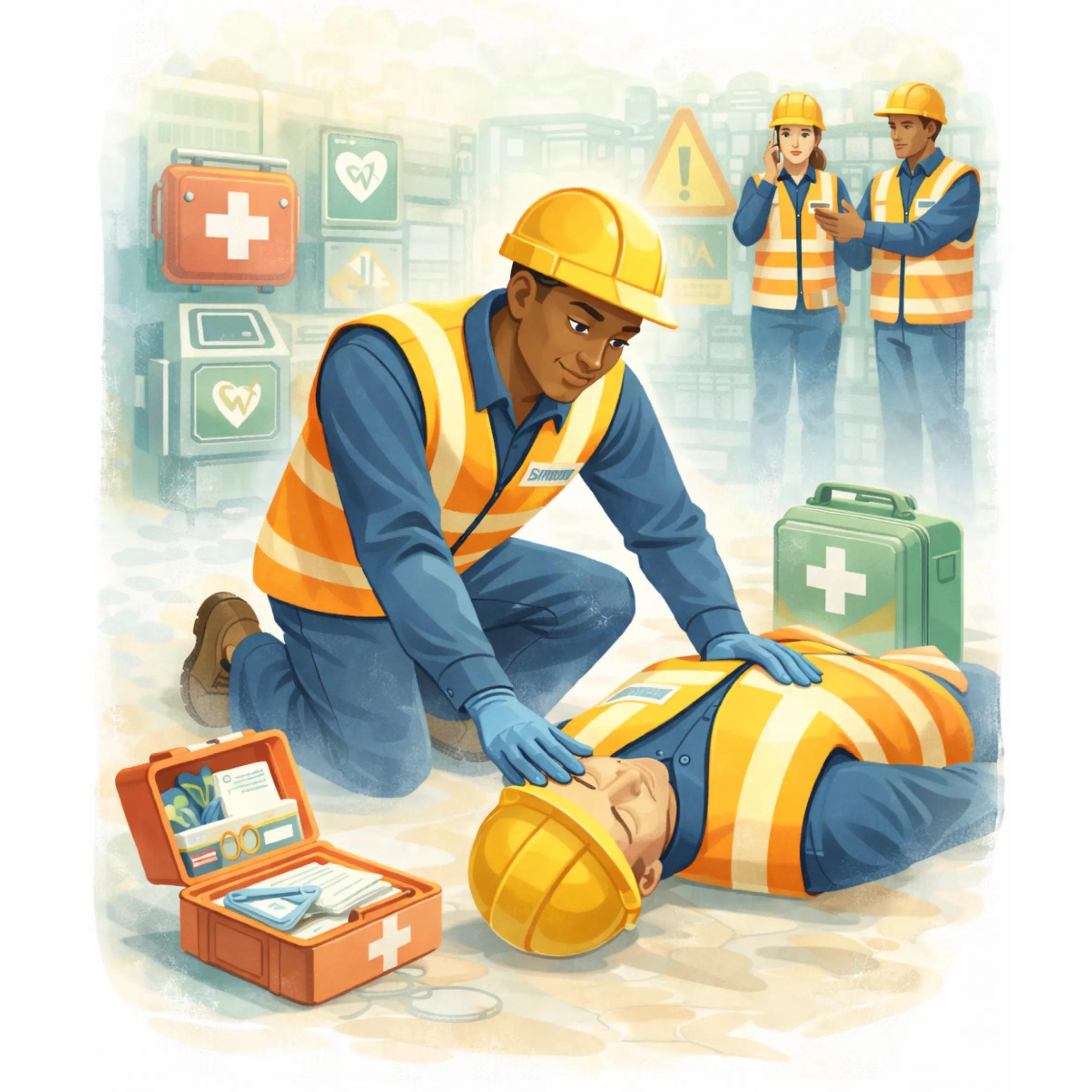 Illustration en flat design représentant un sauveteur secouriste du travail réalisant les premiers secours sur un collègue en milieu professionnel avec trousse de secours et équipements de sécurité.