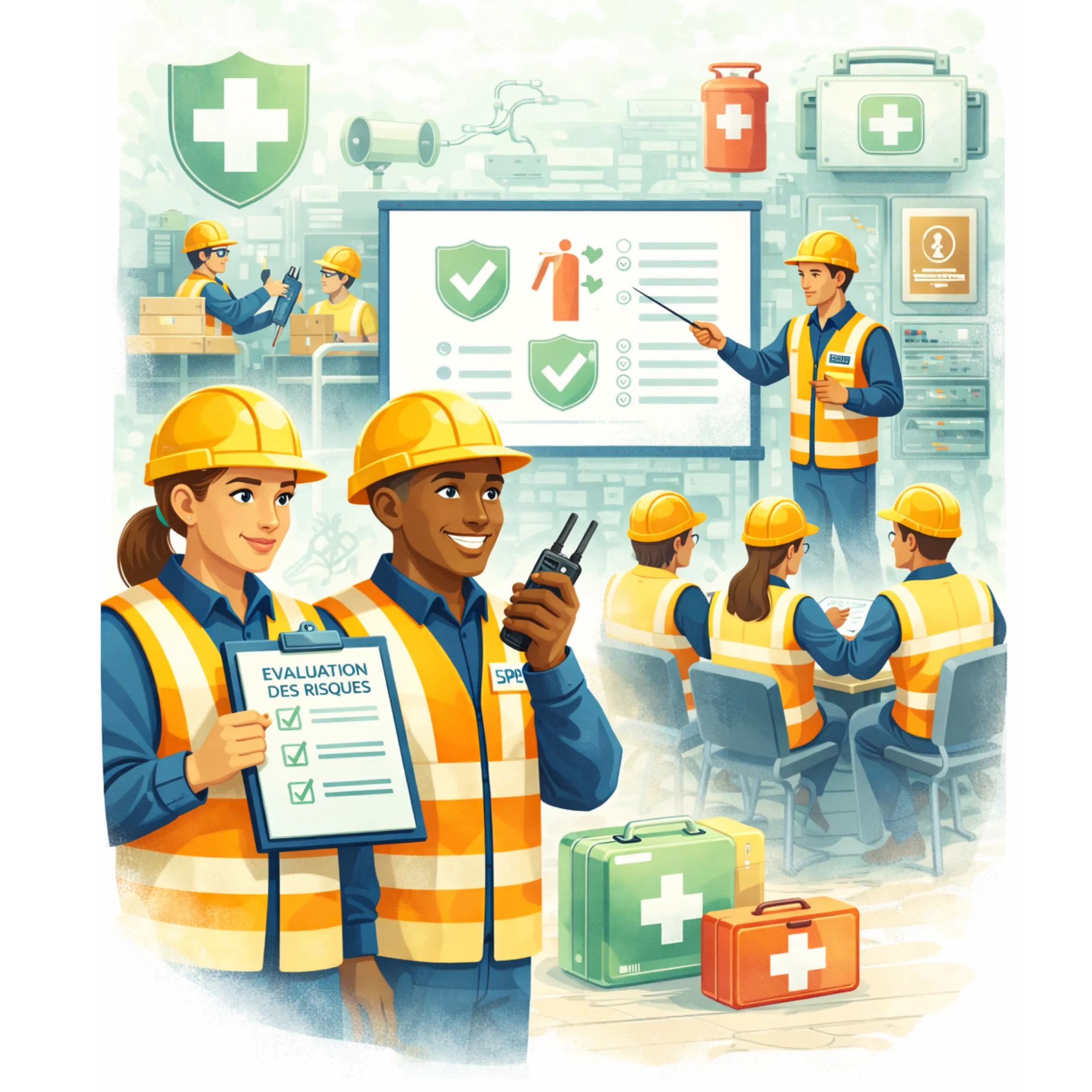 Illustration en flat design représentant une formation en santé et sécurité au travail avec évaluation des risques, équipe en EPI et matériel de premiers secours en entreprise.