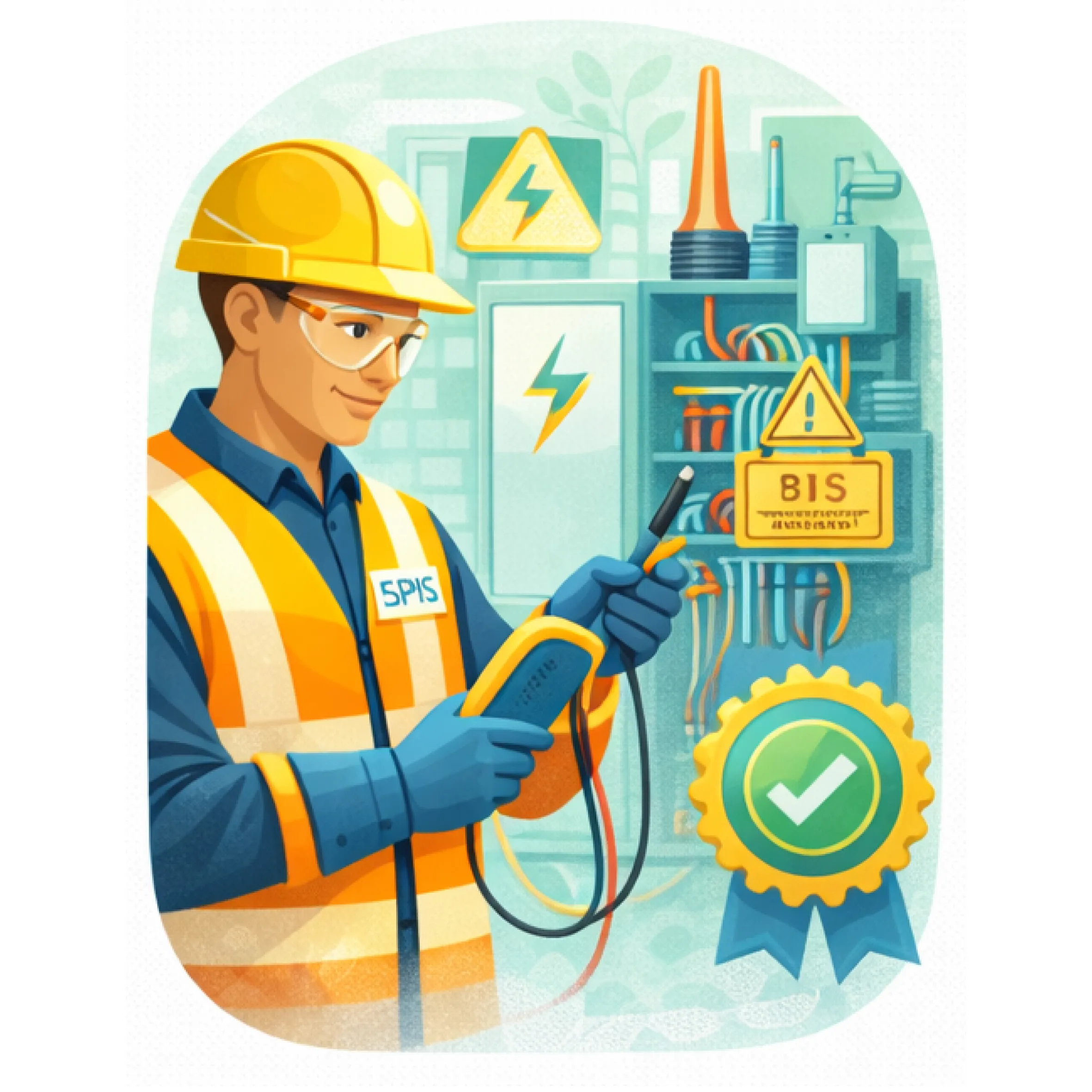 Illustration en flat design représentant un technicien en habilitation électrique contrôlant une installation avec appareil de mesure, panneau électrique et pictogrammes de danger haute tension en arrière-plan.