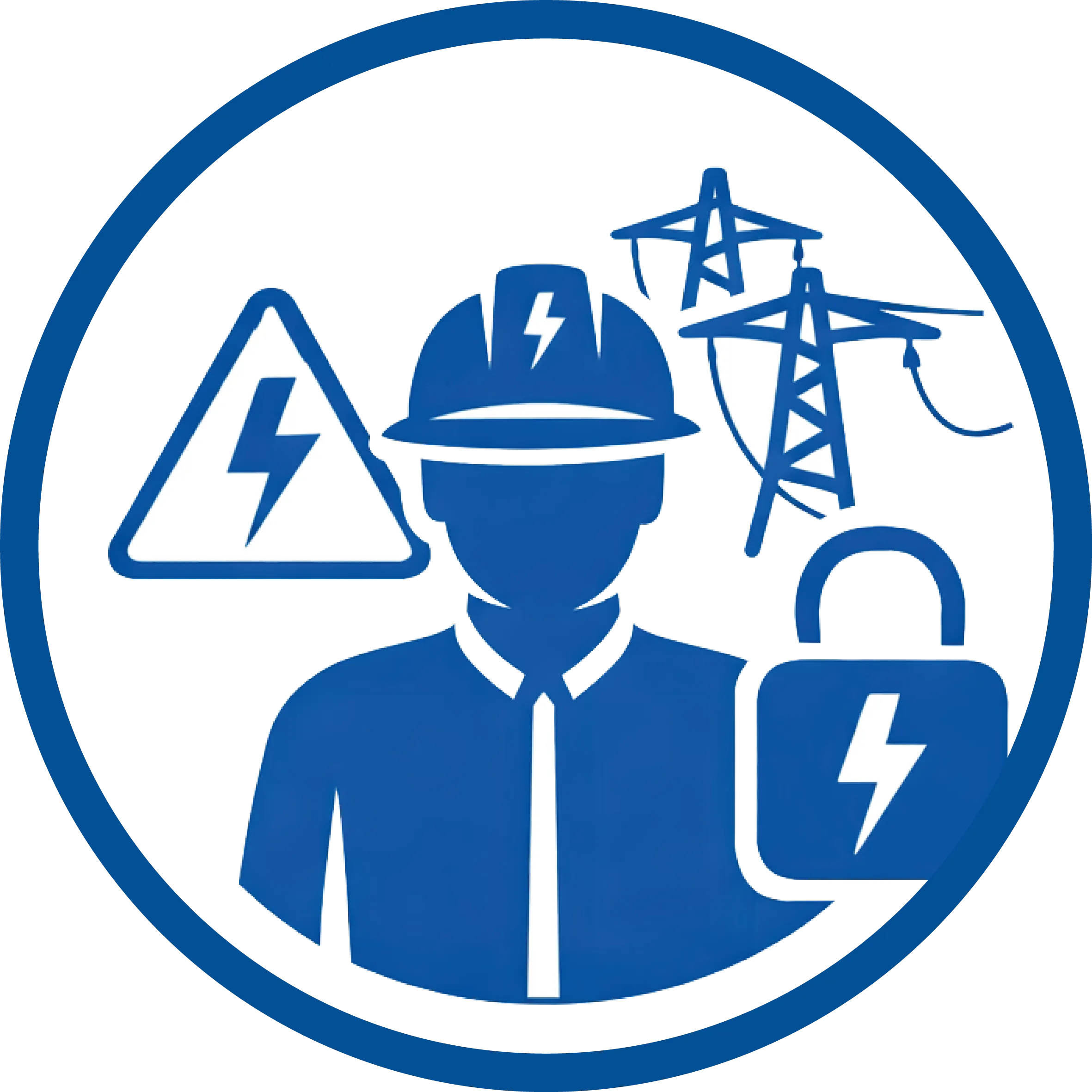 Icône vectorielle bleue (#005eb8) en cercle représentant les habilitations électriques avec technicien, pictogramme danger électrique, pylônes haute tension et cadenas de sécurité.