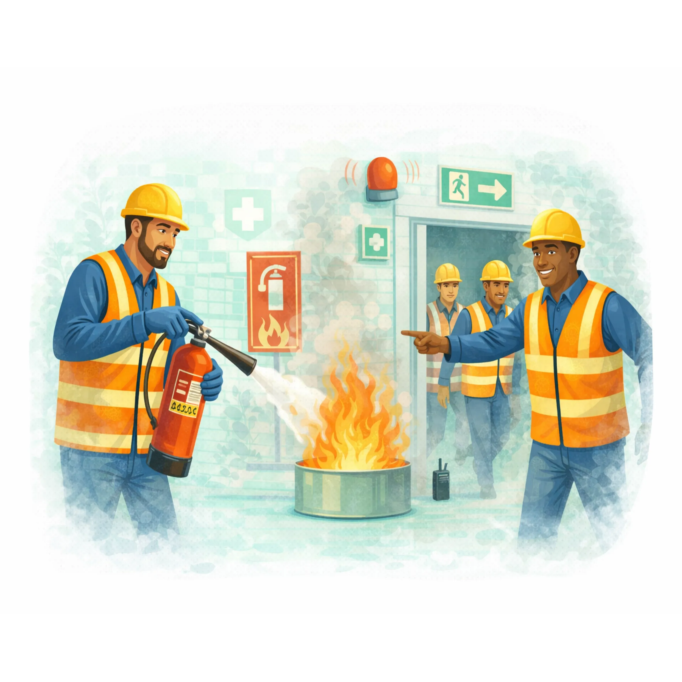 Illustration en flat design représentant une session MAC SST avec mise à jour des compétences en premiers secours, équipe en EPI réalisant une prise en charge d’urgence en milieu professionnel.
