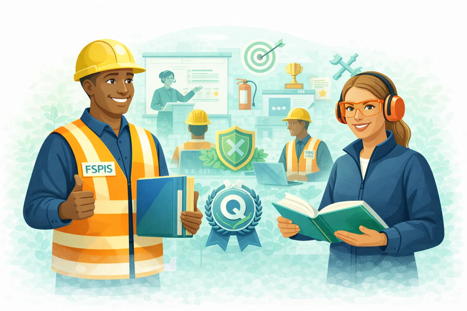 Illustration en flat design représentant des professionnels équipés en formation sécurité, avec supports pédagogiques, écran de présentation et symboles de protection, illustrant les formations professionnelles proposées par FSPIS.