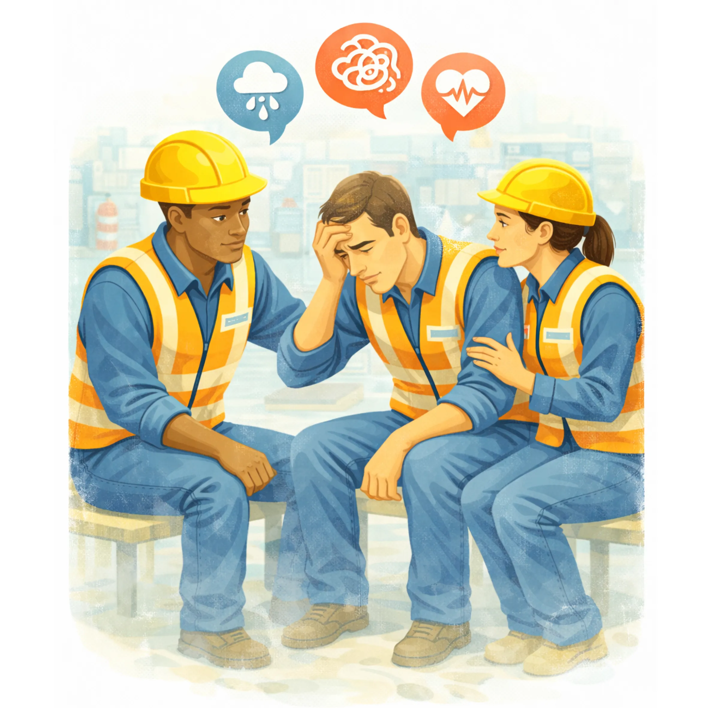 Illustration en flat design texturé représentant une situation de prévention des risques psychosociaux en entreprise, avec échange entre salariés en EPI et accompagnement face au stress et aux facteurs de mal-être au travail.