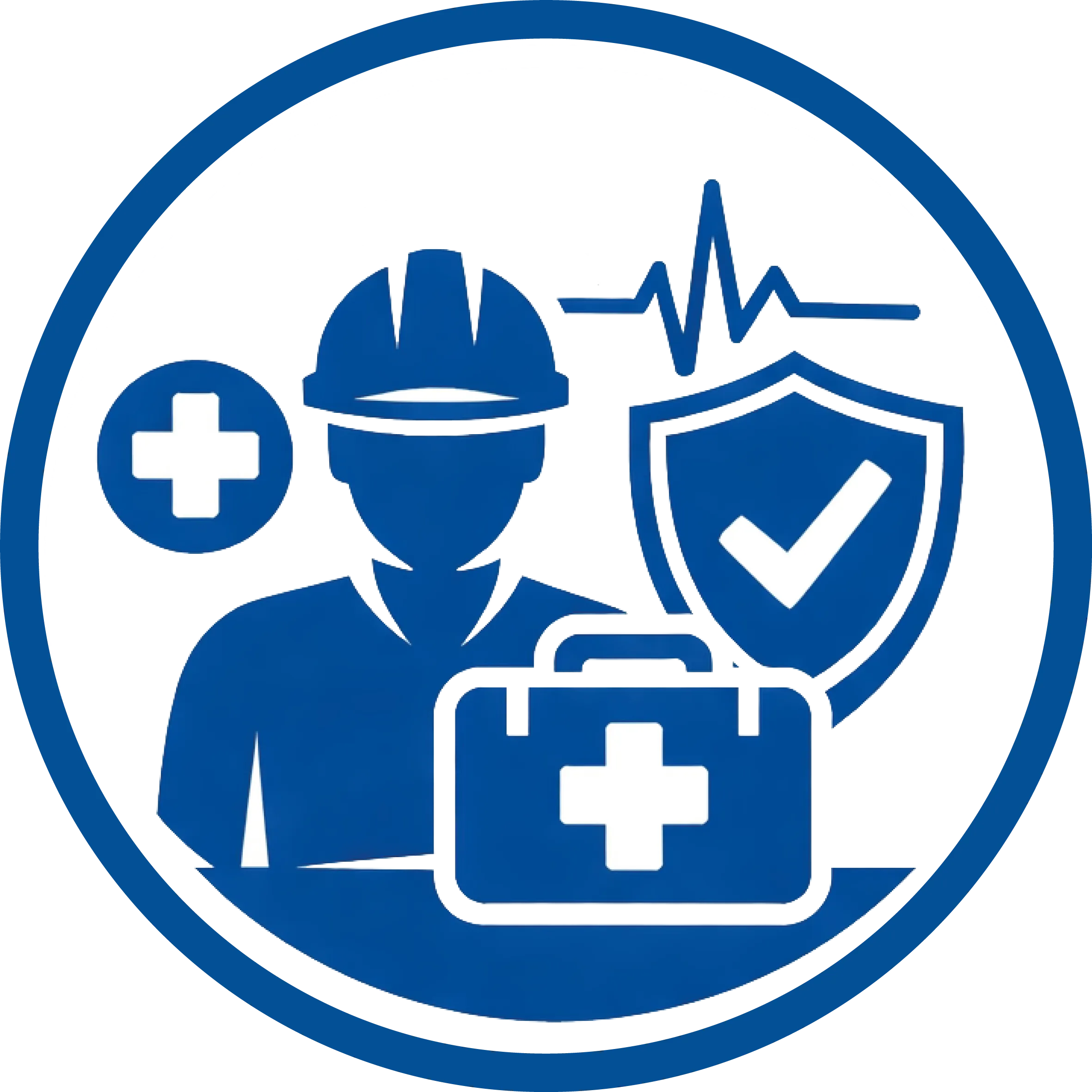 Icône vectorielle bleue (#005eb8) en cercle représentant la santé et sécurité au travail avec salarié équipé, trousse de secours, bouclier de protection, symbole médical et onde de surveillance.