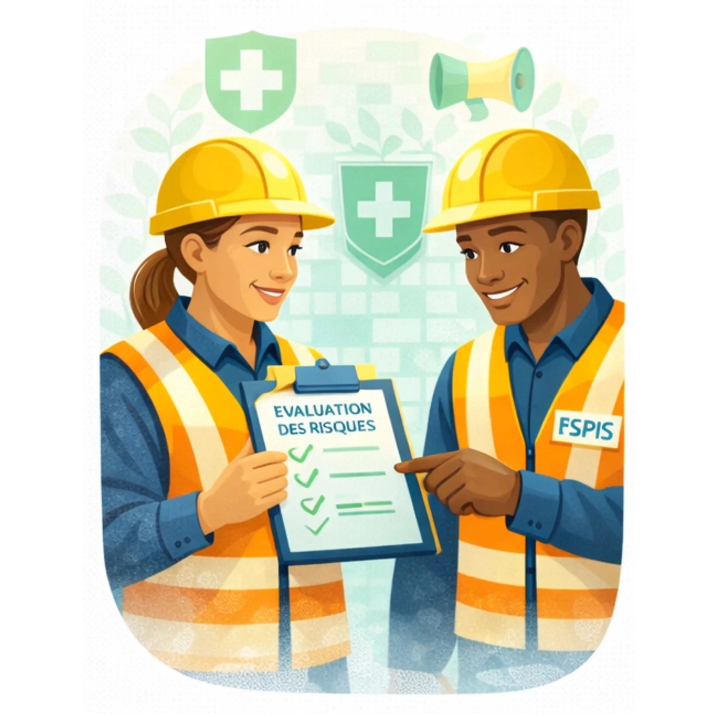 Illustration en flat design représentant deux professionnels en sécurité au travail analysant une évaluation des risques sur un support avec pictogrammes de protection et premiers secours en arrière-plan.