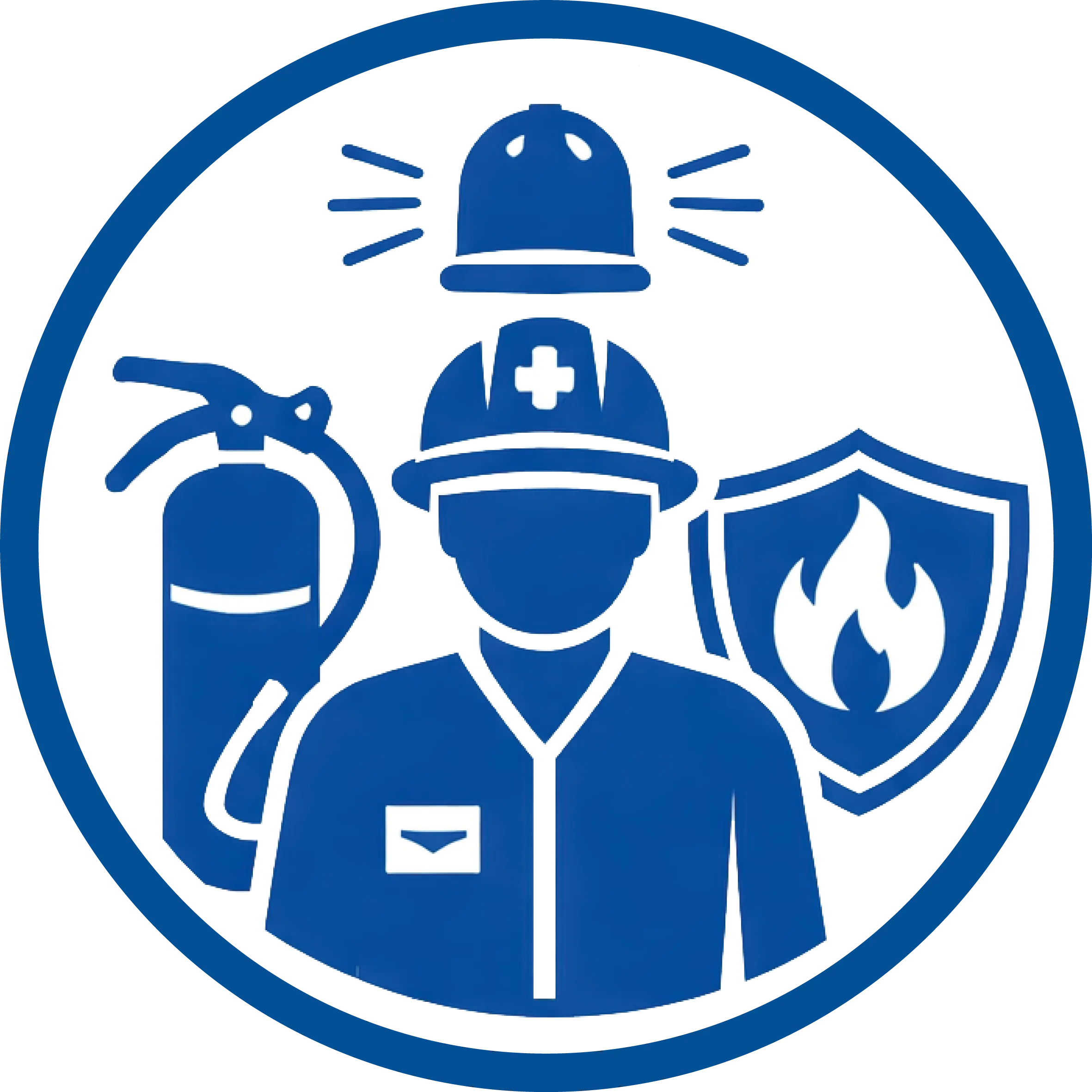 Icône vectorielle bleue (#005eb8) en cercle représentant la sécurité incendie avec pompier, extincteur, alarme et bouclier de protection contre le feu.