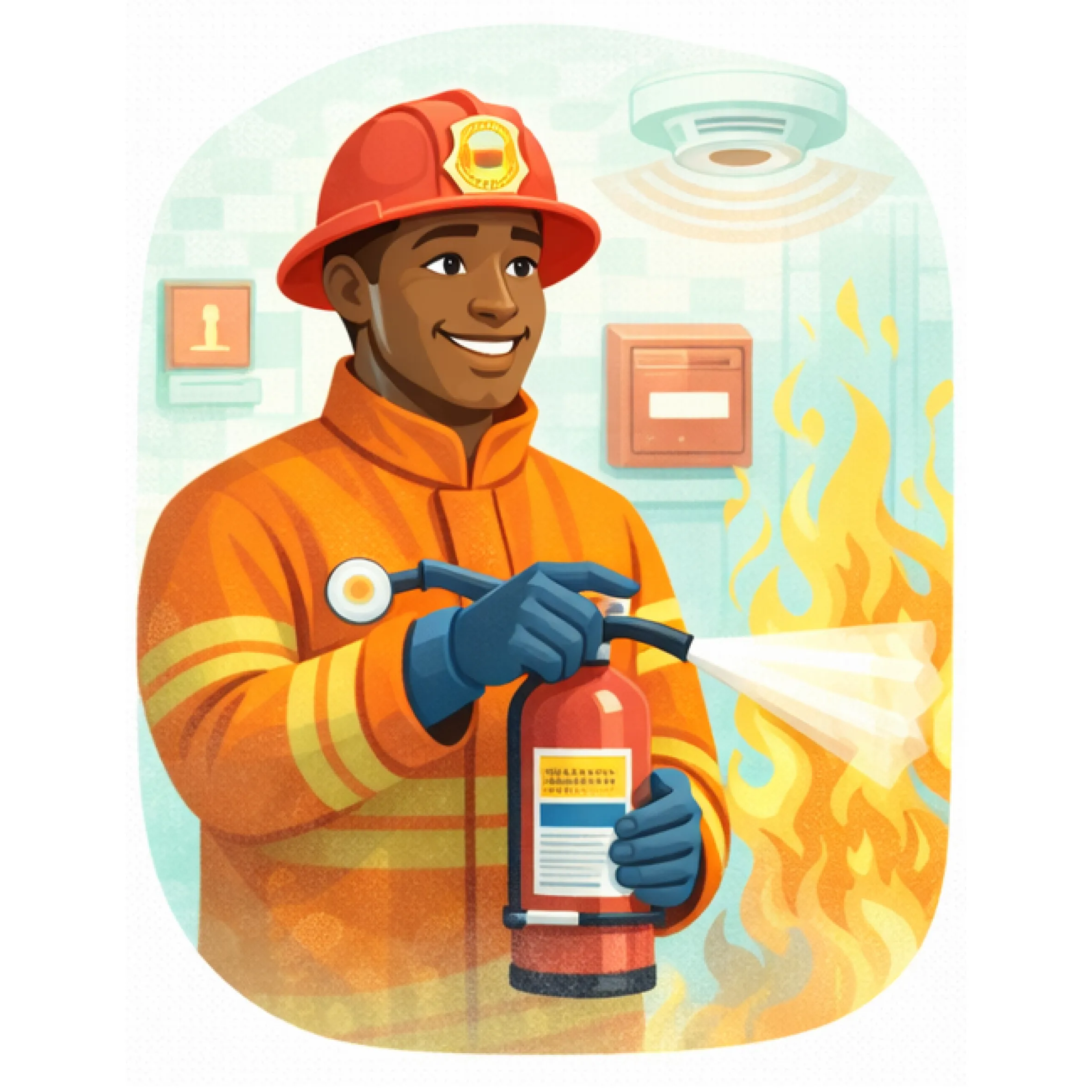 Illustration en flat design représentant un professionnel en tenue de pompier utilisant un extincteur pour maîtriser un départ de feu, avec détecteur de fumée et équipements incendie en arrière-plan.
