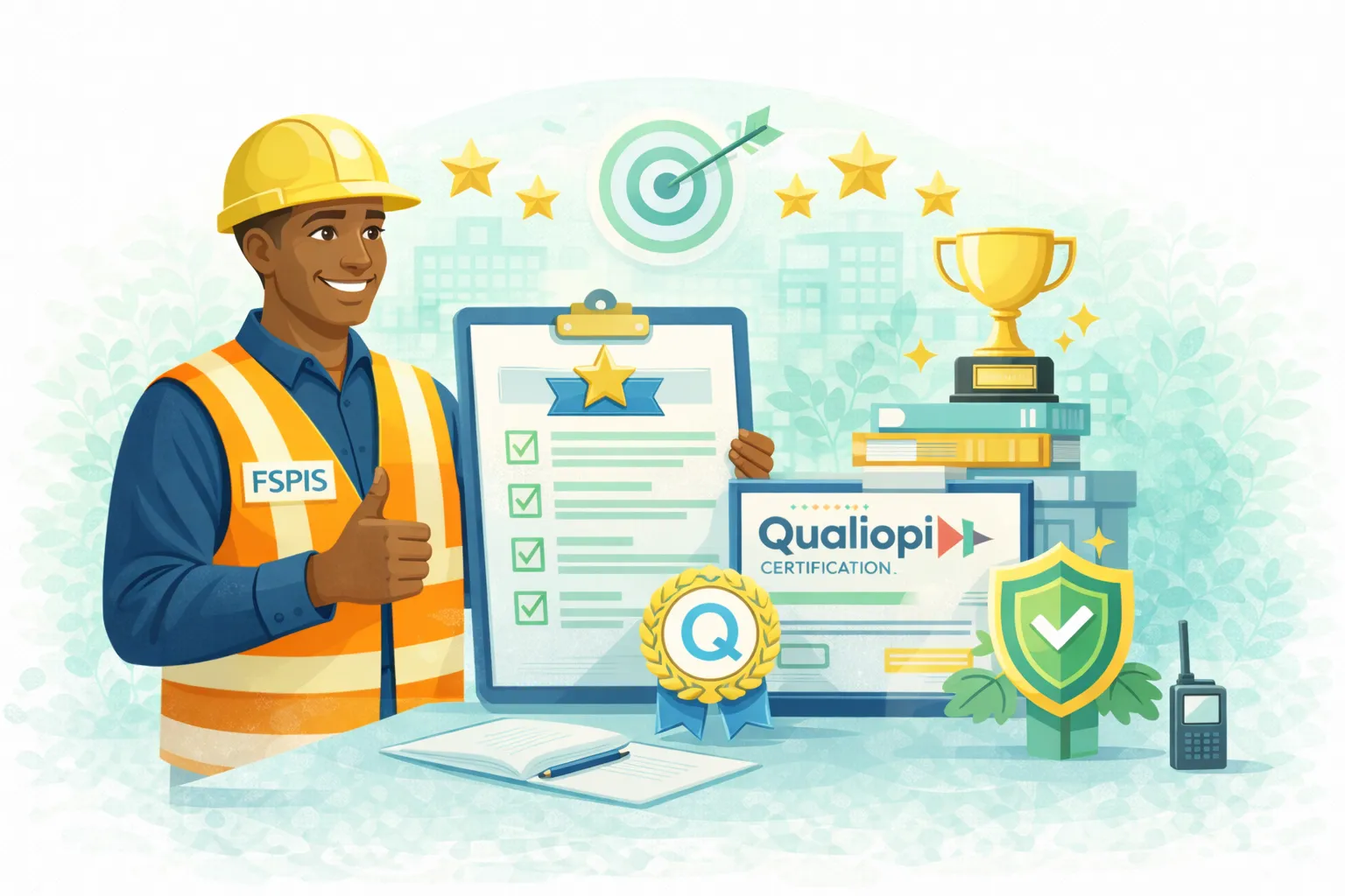 Illustration en flat design représentant un professionnel en sécurité au travail présentant une checklist qualité avec symboles de certification, trophée et bouclier, illustrant l’engagement de FSPIS dans une démarche de qualité.