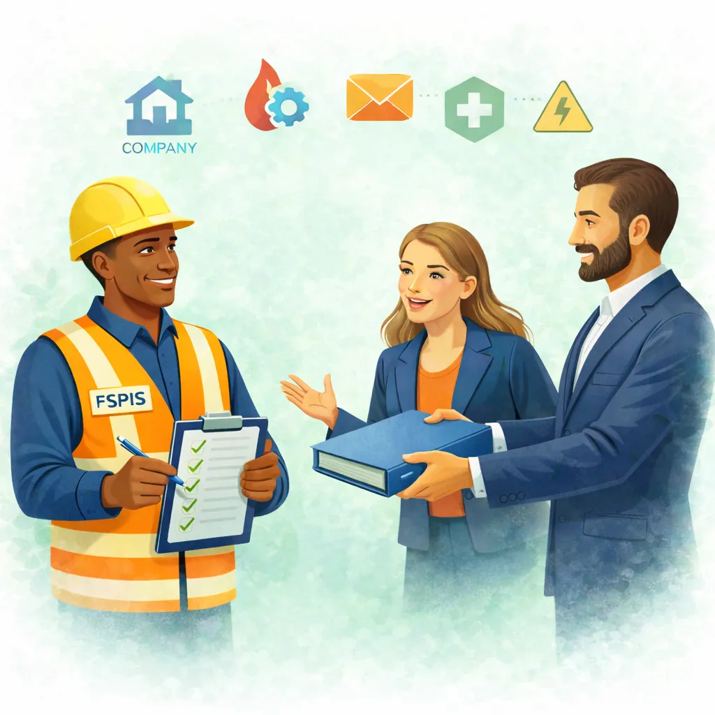 Illustration en flat design représentant un expert FSPIS en gilet de sécurité validant un dossier professionnel aux côtés d’un client et d’une collaboratrice, symbolisant les références professionnelles en prévention des risques, sécurité incendie et conformité réglementaire.